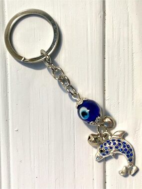 Blue Dolphin Keychain with Evil Eye Charm Handmade